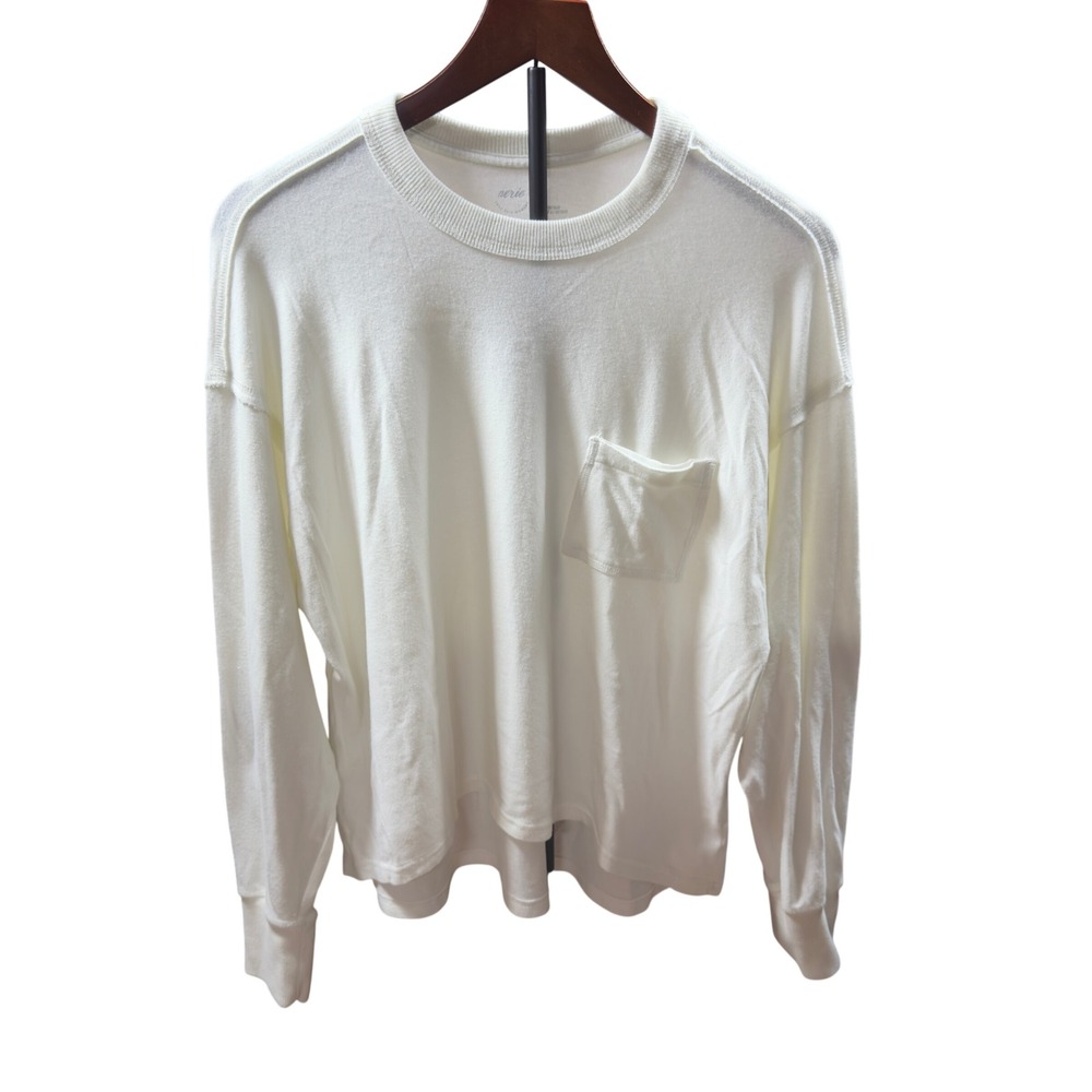 Aerie Womens Small Cream Long Sleeve Pocket TShirt High Low Hem Crewneck Relaxed